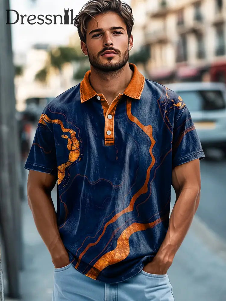 Herren Retro-Kurzarm-Polos hirt mit abstraktem Linien druck
