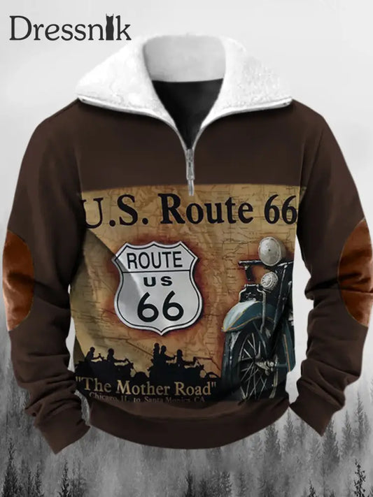 Herren Retro Motorrad Route 66 Print Revers Fluffy Kragen Reiß Verschluss Lässig Lose Sweatshirt