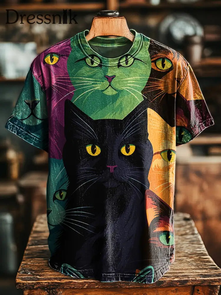 Herren Retro Multi color Cat Print Lässiges Kurzarm T-Shirt bunt / S