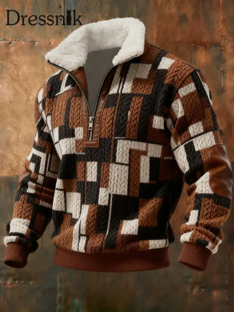 Herren-Retro-Muster-Druck-Freizeit-Pelzkragen-Jacke mit Reiß verschluss als bild / S