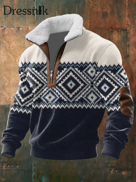 Herren-Retro-Muster-Druck-Freizeit-Pelzkragen-Jacke mit Reiß verschluss als bild / S