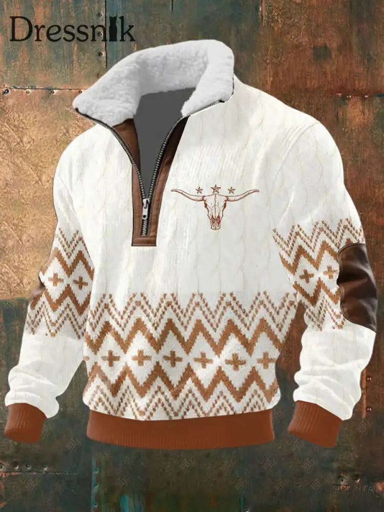 Herren-Retro-Muster-Druck-Freizeit-Pelzkragen-Jacke mit Reiß verschluss als bild / S