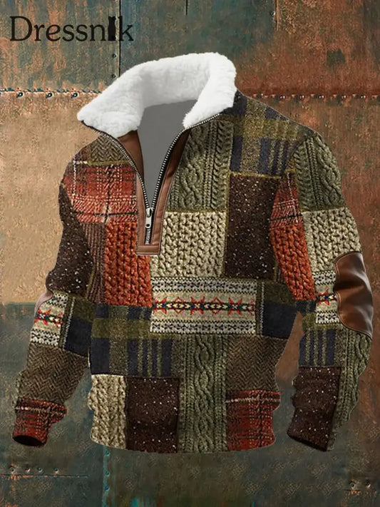Herren Retro Patchwork Kabel Muster Druck Pelz Kragen Reiß verschluss Sweatshirt Armee grün / S