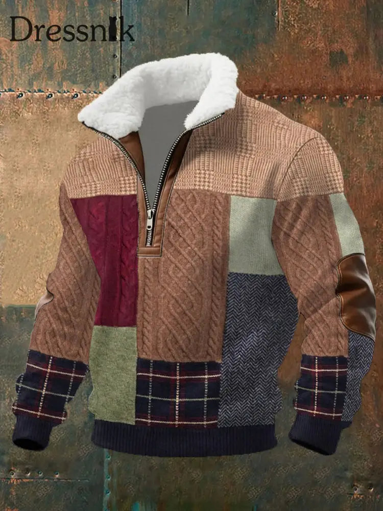 Herren Retro Patchwork Kabel Muster Druck Pelz Kragen Reiß verschluss Sweatshirt Khaki / S