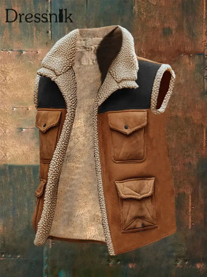 Herren Retro Patchwork lässig ärmellose Jacke Khaki / S