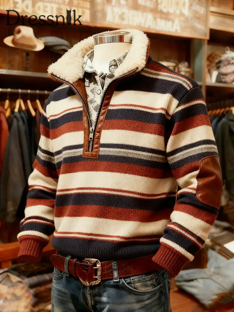 Herren Retro-Plaid-Print Freizeit-Pelzkragen-Reiß verschluss oberteil als bild / S