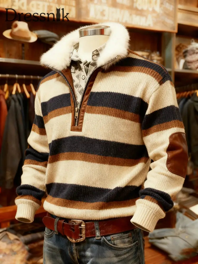 Herren Retro-Plaid-Print Freizeit-Pelzkragen-Reiß verschluss oberteil als bild / S