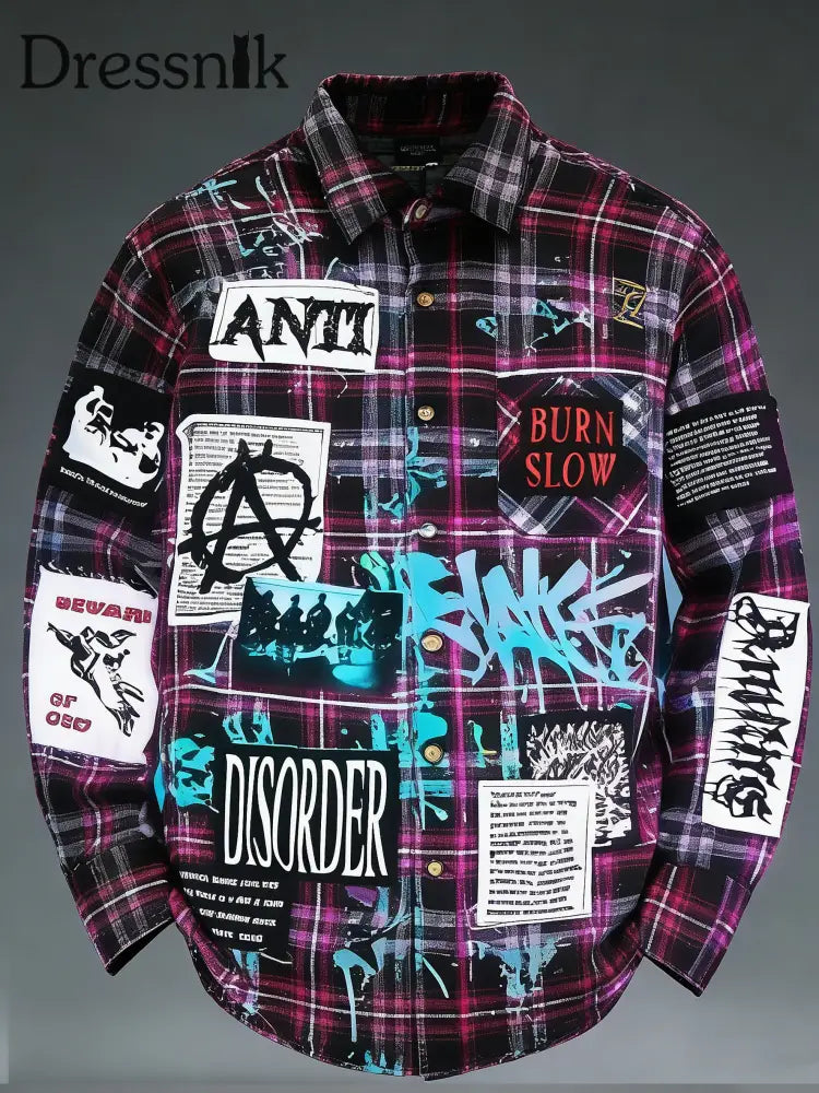 Herren-Retro-Punk-Schädel-bedrucktes Langarm-Taschenhemd Lila / S