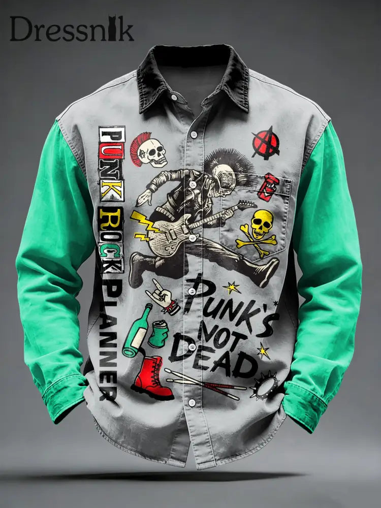 Herren Retro Punk Totenkopf bedrucktes Langarm-Taschen hemd Grau / S