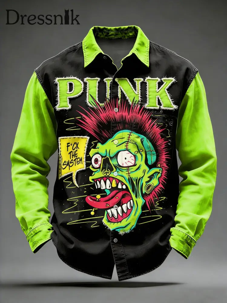 Herren Retro Punk Totenkopf bedrucktes Langarm-Taschen hemd Grün / S