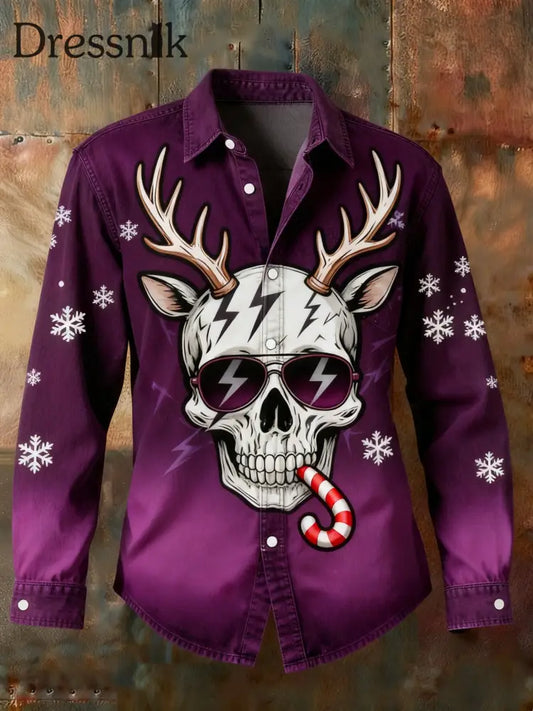 Herren Retro Punk Weihnachts schädel Blitz Abstrakt Print Lässiges Langarm-Shirt Lila / S