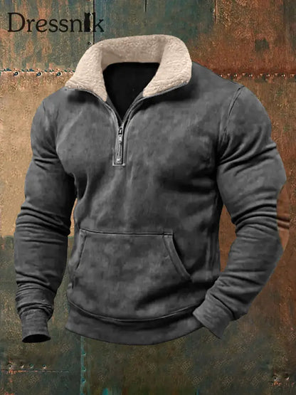 Herren Retro Reine Farbe Pelz kragen lässig Reiß verschluss Sweatshirt Grau / S