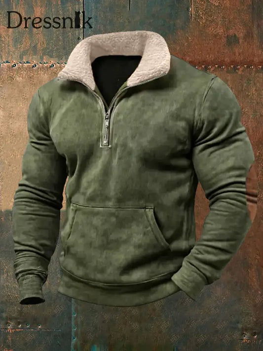 Herren Retro Reine Farbe Pelz kragen lässig Reiß verschluss Sweatshirt Grün / S