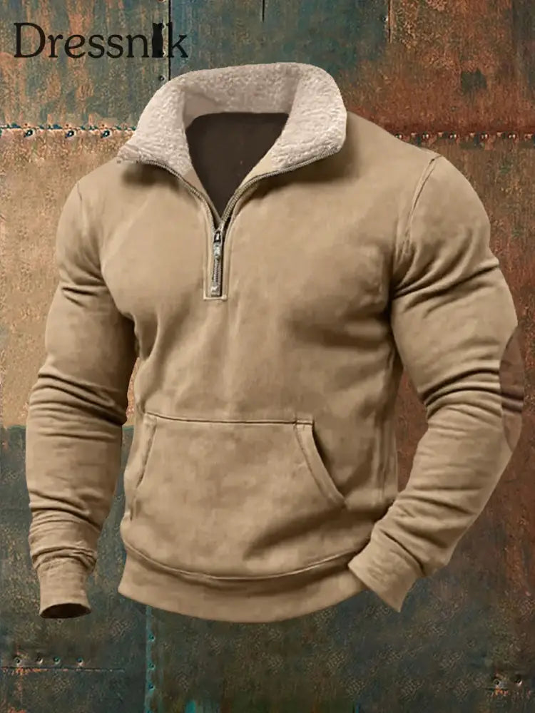 Herren Retro Reine Farbe Pelz kragen lässig Reiß verschluss Sweatshirt Khaki / S