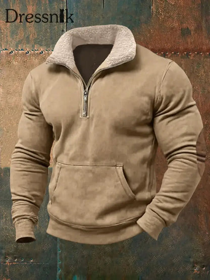 Herren Retro Reine Farbe Pelz kragen lässig Reiß verschluss Sweatshirt Khaki / S