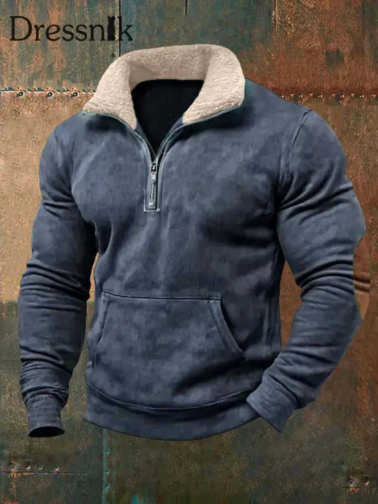 Herren Retro Reine Farbe Pelz kragen lässig Reiß verschluss Sweatshirt Marineblau / S