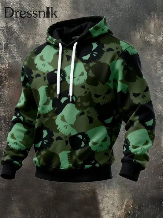 Herren Retro-Skelett-Tarnung Übergroßer Schulter-Hoodie Grün / S