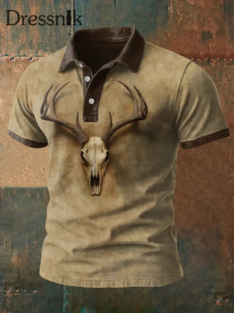 Herren Herren Retro Stil Elch Schädel bedruckte Freizeit Tops Khaki / S