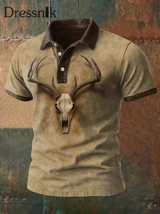 Herren Herren Retro Stil Elch Schädel bedruckte Freizeit Tops Khaki / S