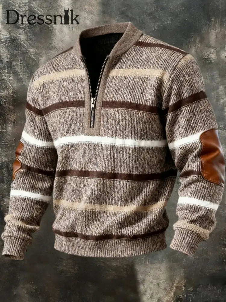 Herren-Retro-Streifen-Druck-lässiger Pullover mit halbem Reiß verschluss hellbraun / S
