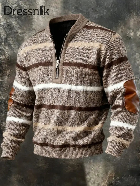 Herren-Retro-Streifen-Druck-lässiger Pullover mit halbem Reiß verschluss hellbraun / S