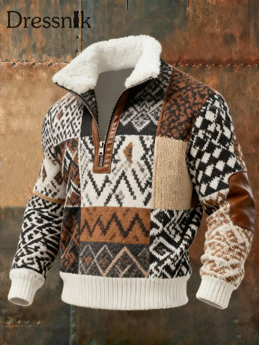 Herren Retro-Strick muster mit lässiger Pelz kragen pullover Braun / S