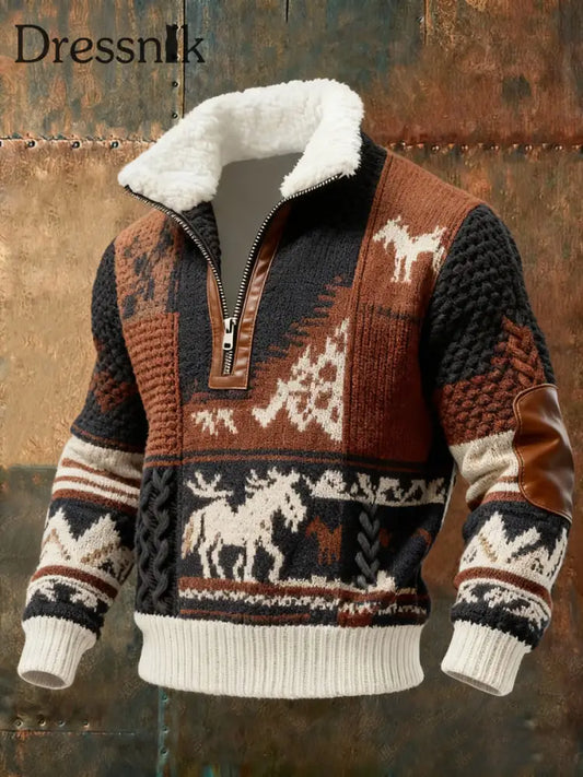 Herren Retro-Strick muster mit lässiger Pelz kragen pullover Braun / S