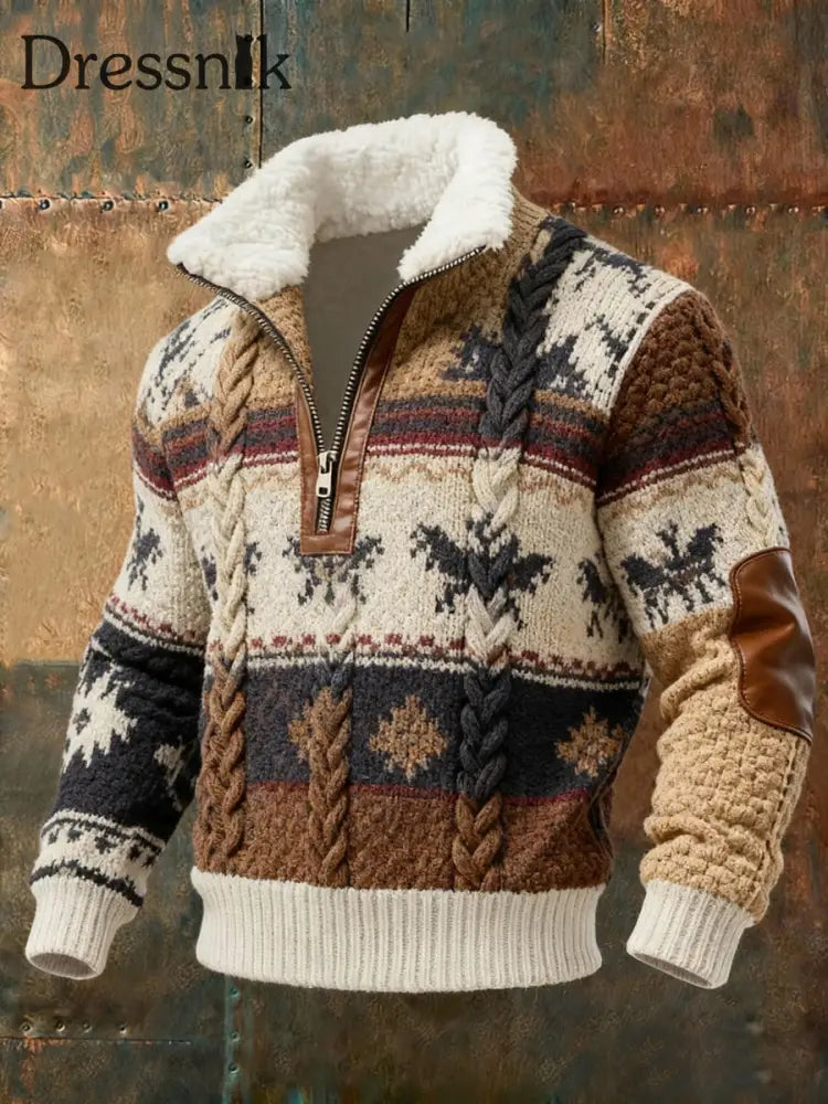 Herren Retro-Strick muster mit lässiger Pelz kragen pullover Braun / S