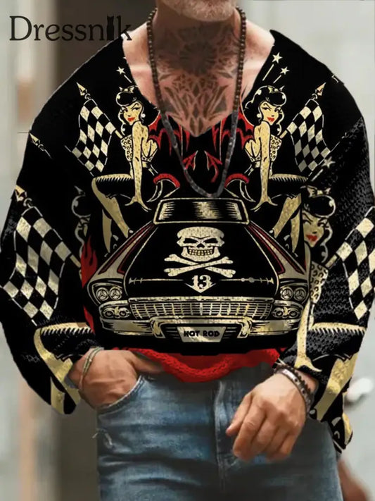 Herren Retro Tattoo Kunstdruck V-Ausschnitt Langarm Pullover Dickes Oberteil A / S