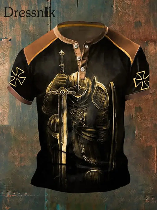 Herren Retro Templer Knights Print Lässige Knöpfe Hals oberteil als bild / S