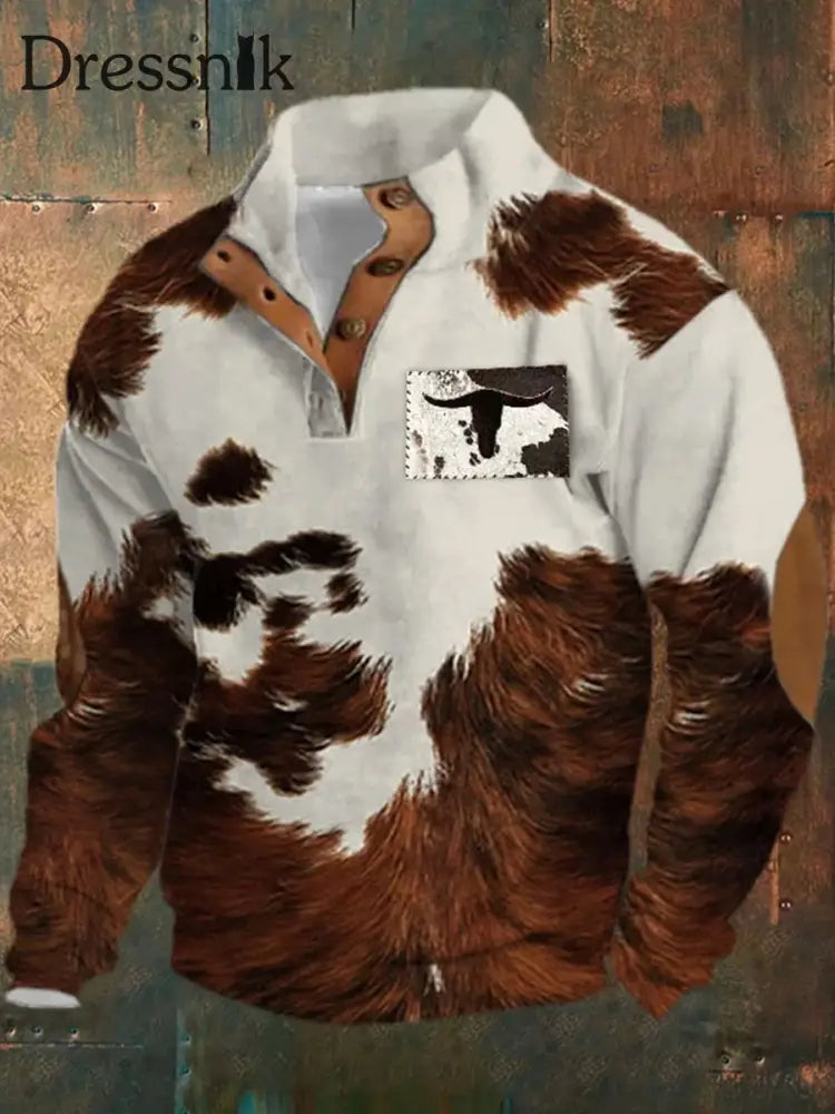 Herren Retro Tier Wolle Spleißen Bedrucktes Ständer Kragen Knopf Flush Outdoor Sweatshirt A / S