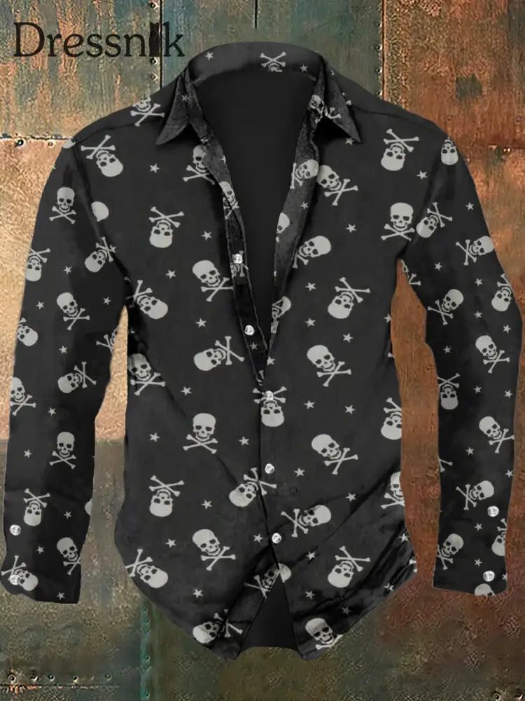 Herren Retro-Totenkopf-Print Lässig Mode Revers Lang Ärmel Iges Hemd Dunkelgrau / S