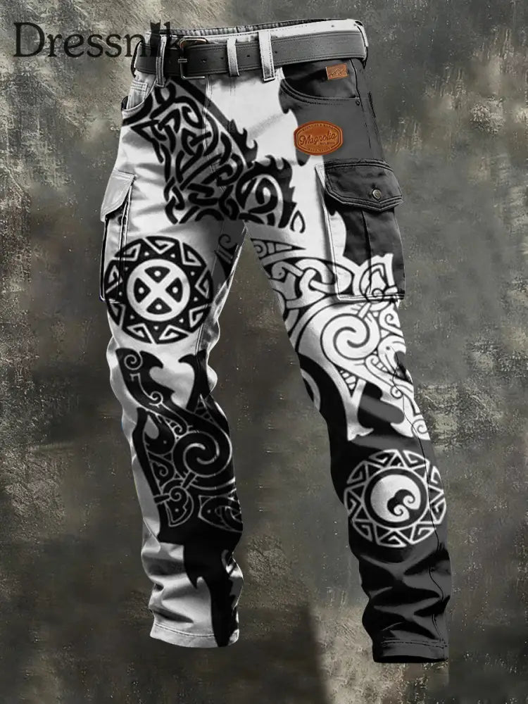 Herren Retro Urlaub Business Viking Art Print Freizeit kleidung Hose Schwarz und Weiß / S