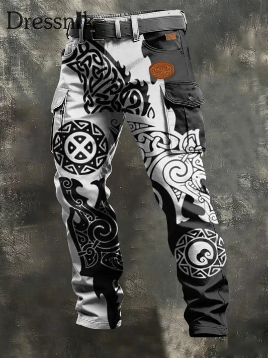 Herren Retro Urlaub Business Viking Art Print Freizeit kleidung Hose Schwarz und Weiß / S
