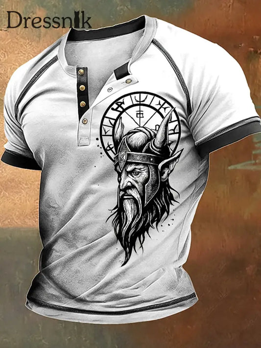 Herren Retro Viking Art bedrucktes Rundhals-T-Shirt mit kurzen Ärmeln A / S