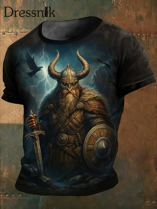 Herren Retro Viking Art bedrucktes Rundhals-T-Shirt mit kurzen Ärmeln A / S