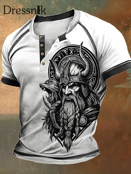 Herren Retro Viking Art bedrucktes Rundhals-T-Shirt mit kurzen Ärmeln A / S