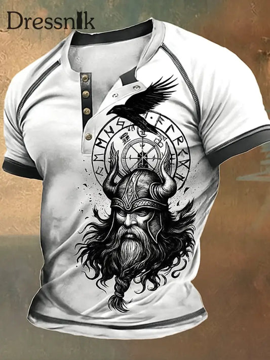 Herren Retro Viking Art bedrucktes Rundhals-T-Shirt mit kurzen Ärmeln A / S