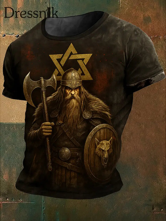 Herren Retro Viking Art bedrucktes Rundhals-T-Shirt mit kurzen Ärmeln A / S