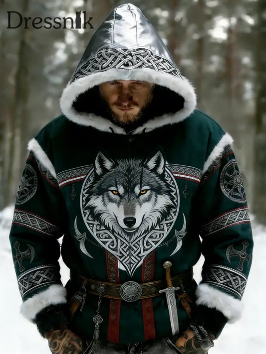 Herren Retro Viking Celtic Art Muster Plüsch Warme Kapuzen jacke mit Reiß verschluss A / S