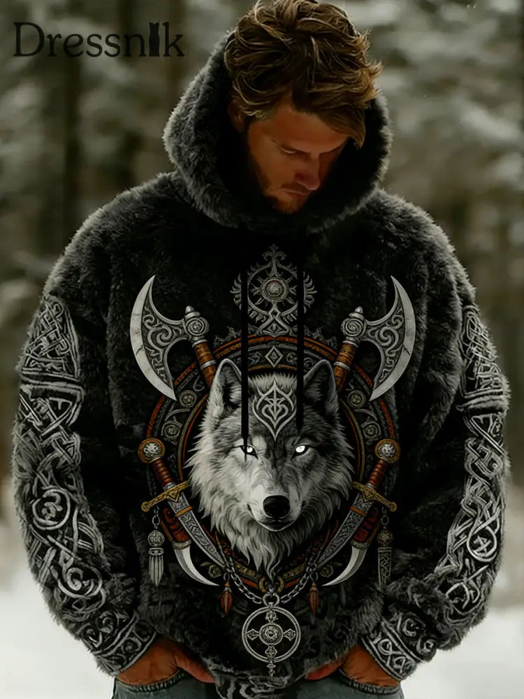 Herren Retro Viking Celtic Art Muster Plüsch Warme Kapuzen jacke mit Reiß verschluss A / S