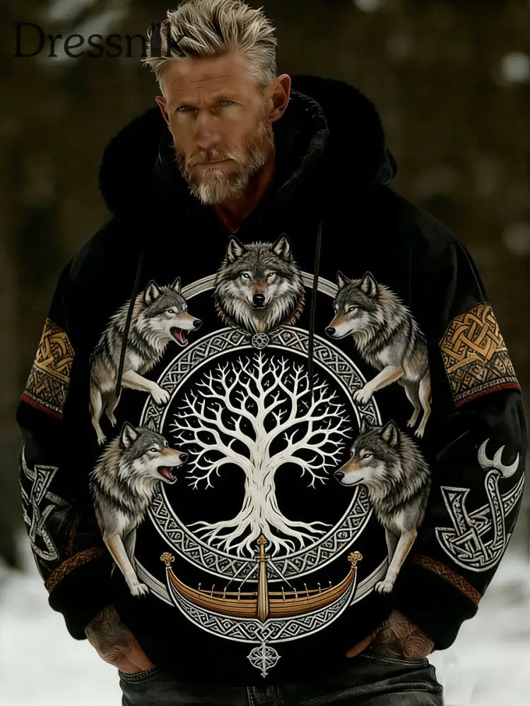 Herren Retro Viking Celtic Art Muster Plüsch Warme Kapuzen jacke mit Reiß verschluss A / S