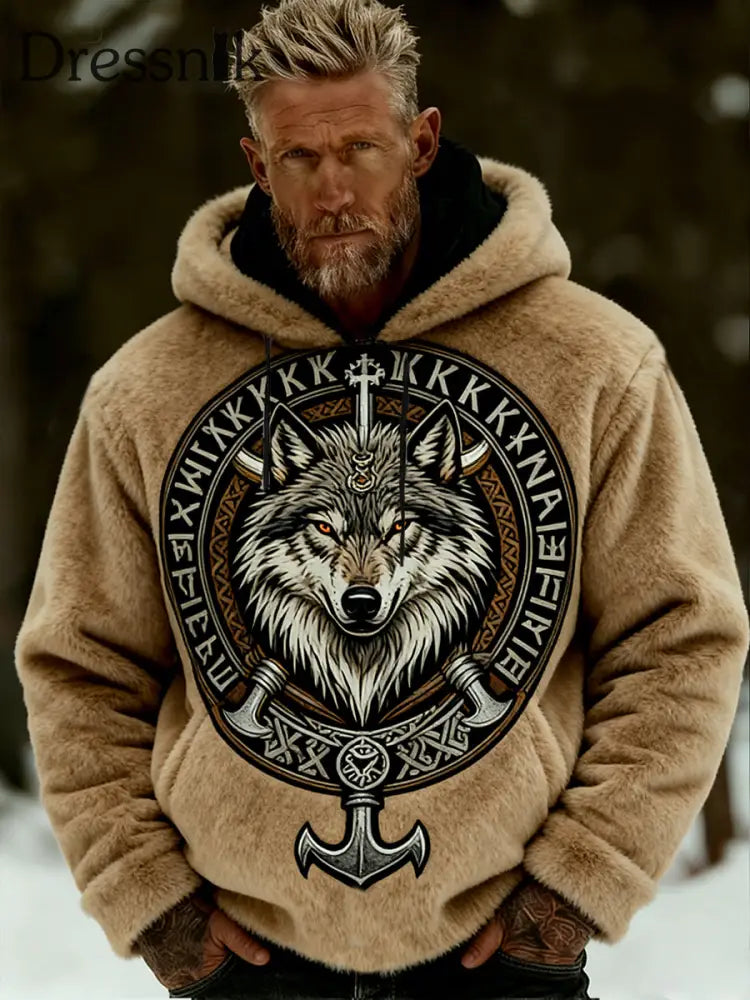 Herren Retro Viking Celtic Art Muster Plüsch Warme Kapuzen jacke mit Reiß verschluss A / S