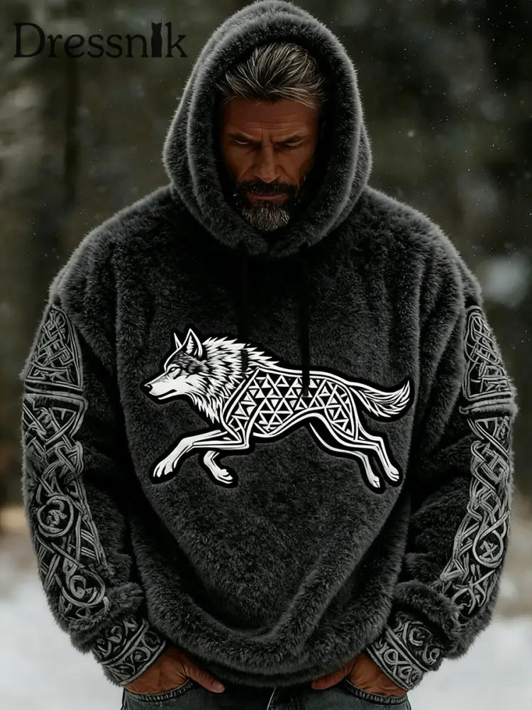 Herren Retro Viking Celtic Art Muster Plüsch Warme Kapuzen jacke mit Reiß verschluss A / S