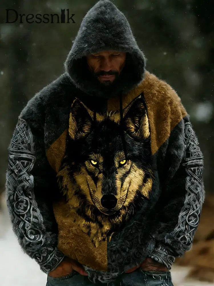 Herren Retro Viking Celtic Art Muster Plüsch Warme Kapuzen jacke mit Reiß verschluss A / S