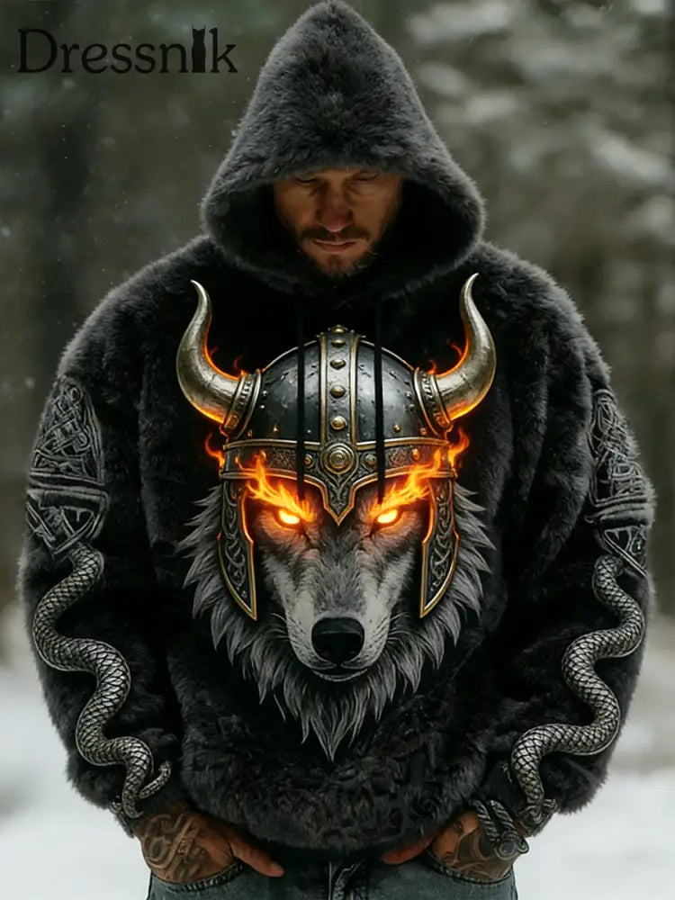 Herren Retro Viking Celtic Art Muster Plüsch Warme Kapuzen jacke mit Reiß verschluss A / S