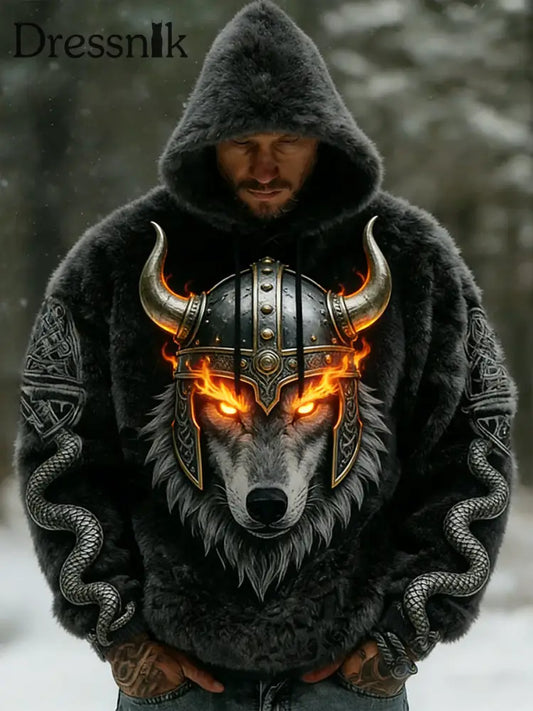 Herren Retro Viking Celtic Art Muster Plüsch Warme Kapuzen jacke mit Reiß verschluss A / S