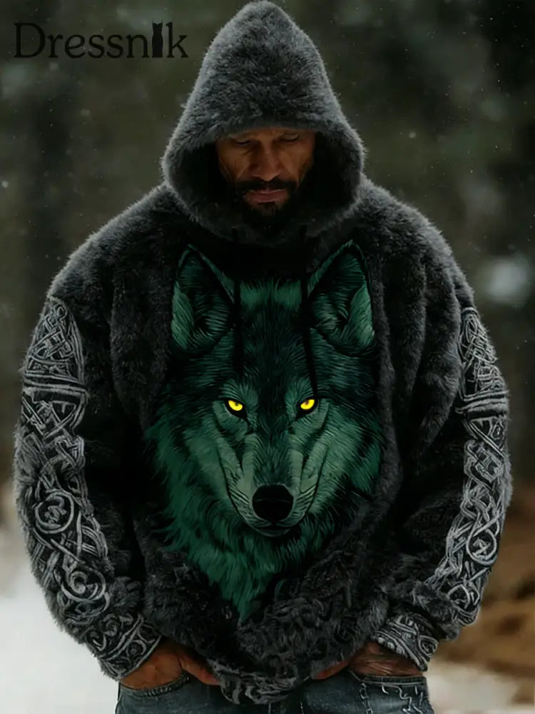 Herren Retro Viking Celtic Art Muster Plüsch Warme Kapuzen jacke mit Reiß verschluss A / S