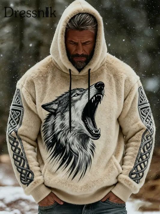 Herren Retro Viking Celtic Art Muster Plüsch Warme Kapuzen jacke mit Reiß verschluss A / S