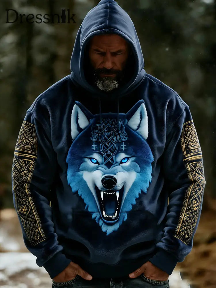 Herren Retro Viking Celtic Art Muster Plüsch Warme Kapuzen jacke mit Reiß verschluss A / S